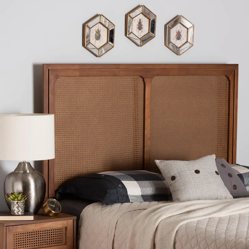 Baxton Studio Prewitt Mid-Century Modern Ash Walnut Finished Wood King Size Headboard with Rattan