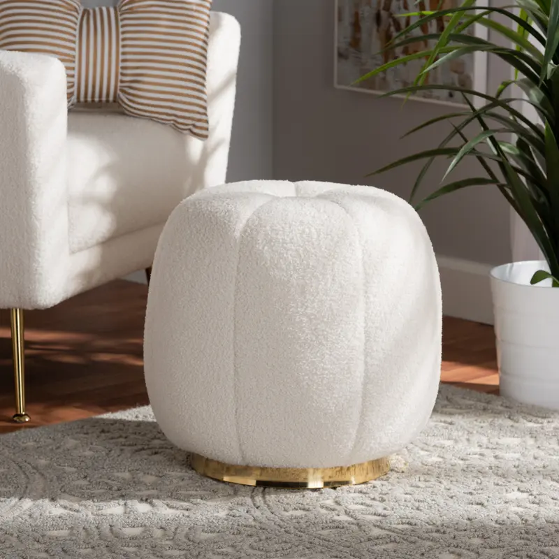 Baxton Studio Raelynn Modern and Contemporary Ivory Boucle Upholstered and Gold Metal Ottoman