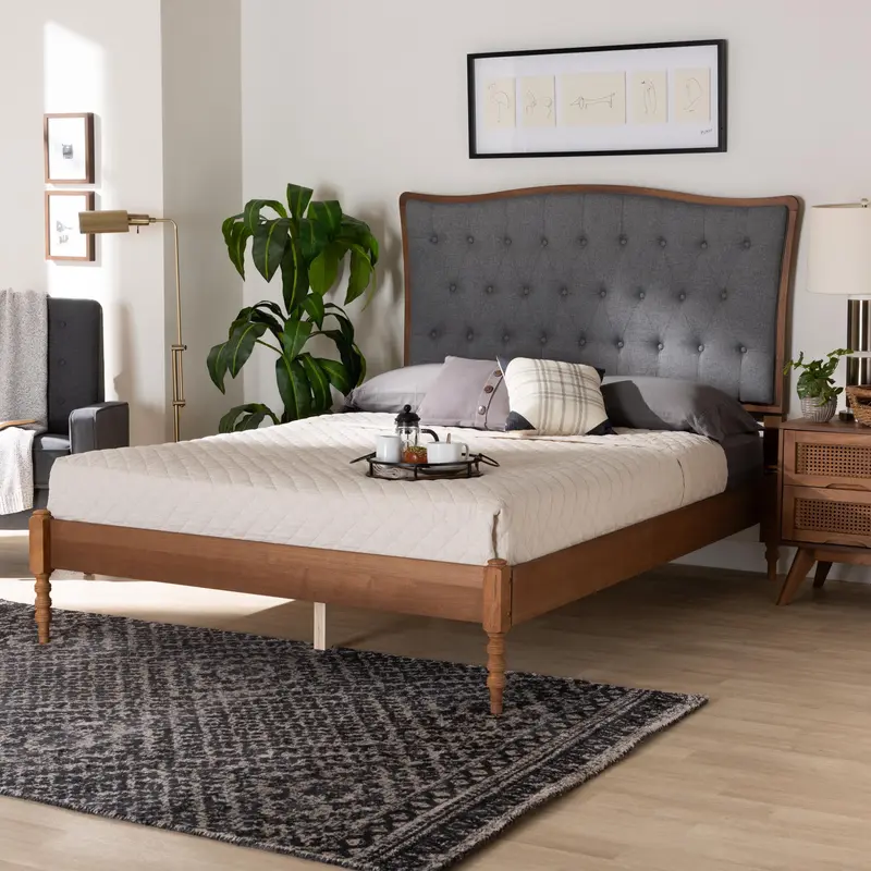 Baxton Studio Randalin Classic and Traditional Grey Fabric and Walnut Brown Finished Wood Queen Size Platform Bed