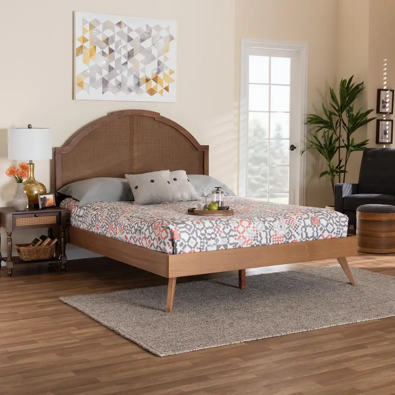 Baxton Studio Ridgely Mid-Century Walnut Brown Wood and Rattan Queen Size Platform Bed
