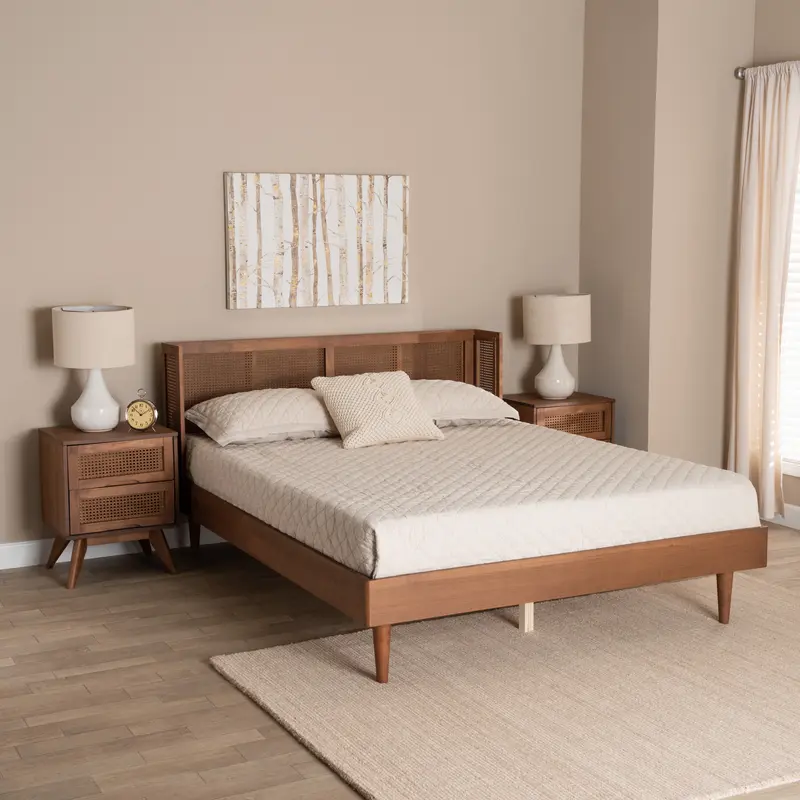 Baxton Studio Rina Mid-Century Modern Ash Walnut Finished Wood 3-Piece Full Size Bedroom Set with Synthetic Rattan