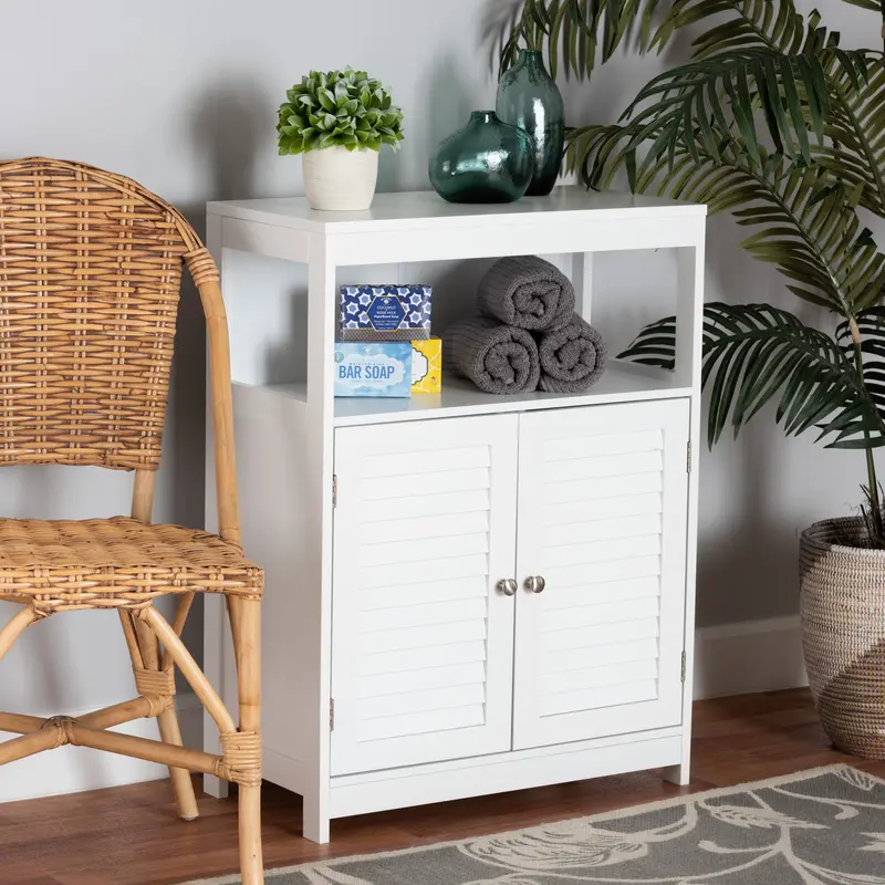 Baxton Studio Rivera Modern and Contemporary White Finished Wood and Silver Metal 2-Door Bathroom Storage Cabinet