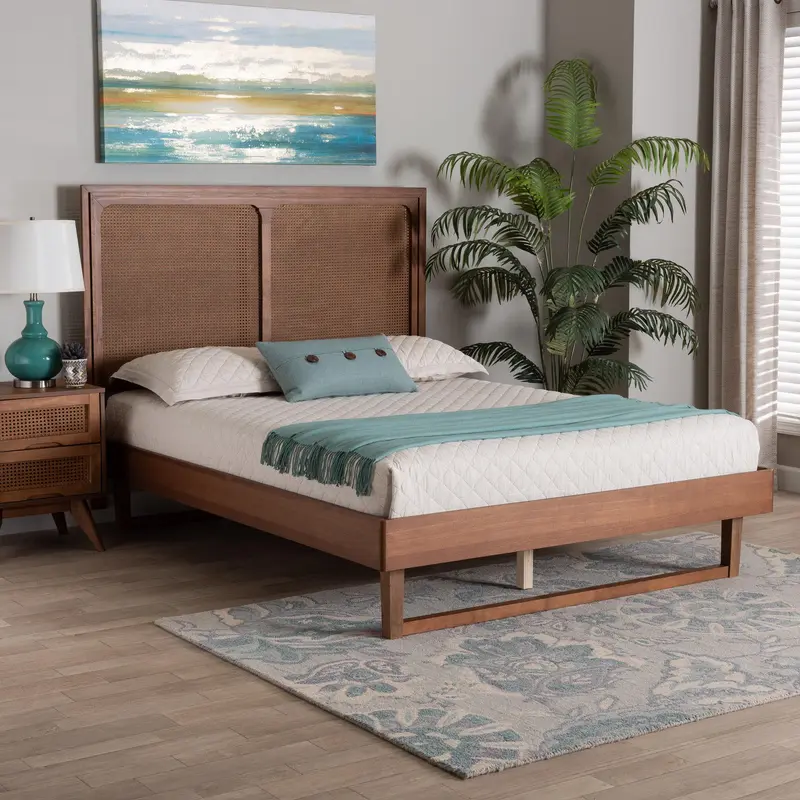 Baxton Studio Rondell Mid-Century Modern Ash Walnut Woven Rattan Queen Size Bed