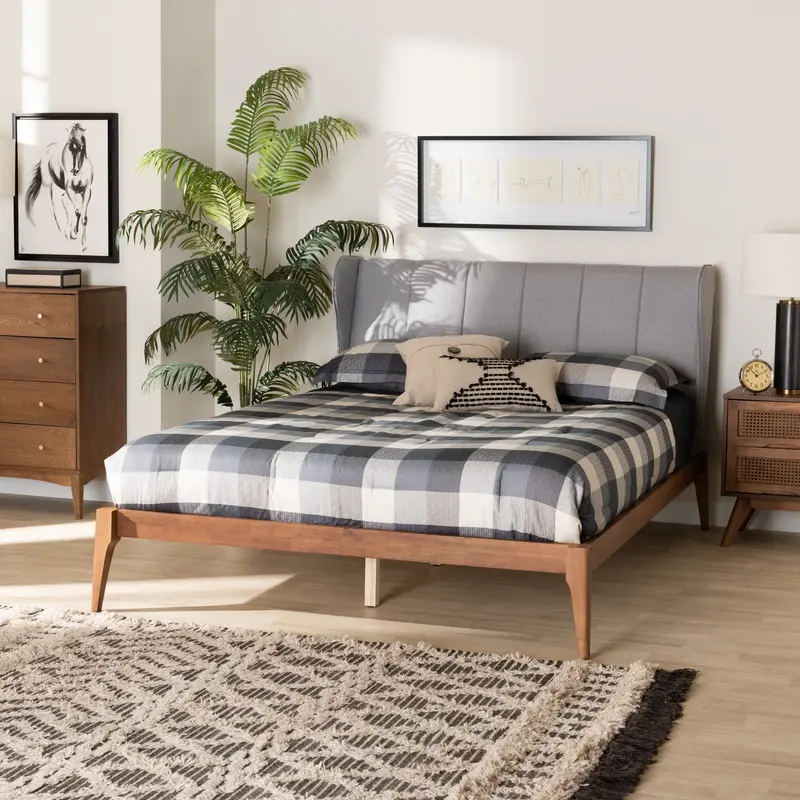 Baxton Studio Royce Mid-Century Modern Transitional Light Grey Fabric and Ash Walnut Finished Wood Queen Size Bed