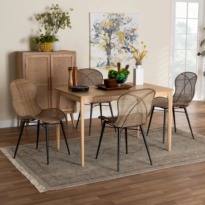 Baxton Studio Sabelle Japandi Natural Brown Finished Wood and Greywashed Rattan 5-Piece Dining Set