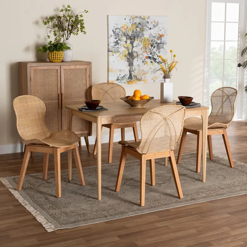 Baxton Studio Sabelle Japandi Natural Brown Mahogany Wood and Rattan 5-Piece Dining Set