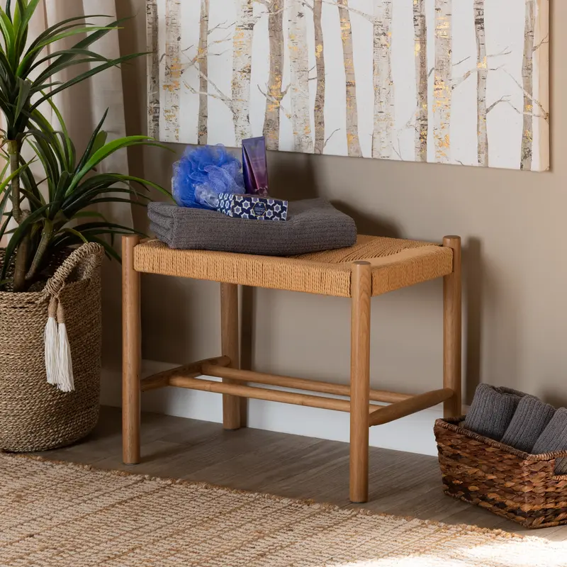 Baxton Studio Saura Mid-Century Modern Oak Brown Finished Wood and Hemp Accent Bench