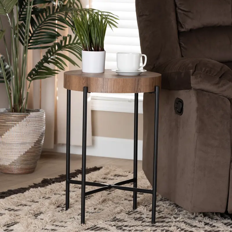 Baxton Studio Savion Modern Industrial Walnut Brown Finished Wood and Black Metal End Table