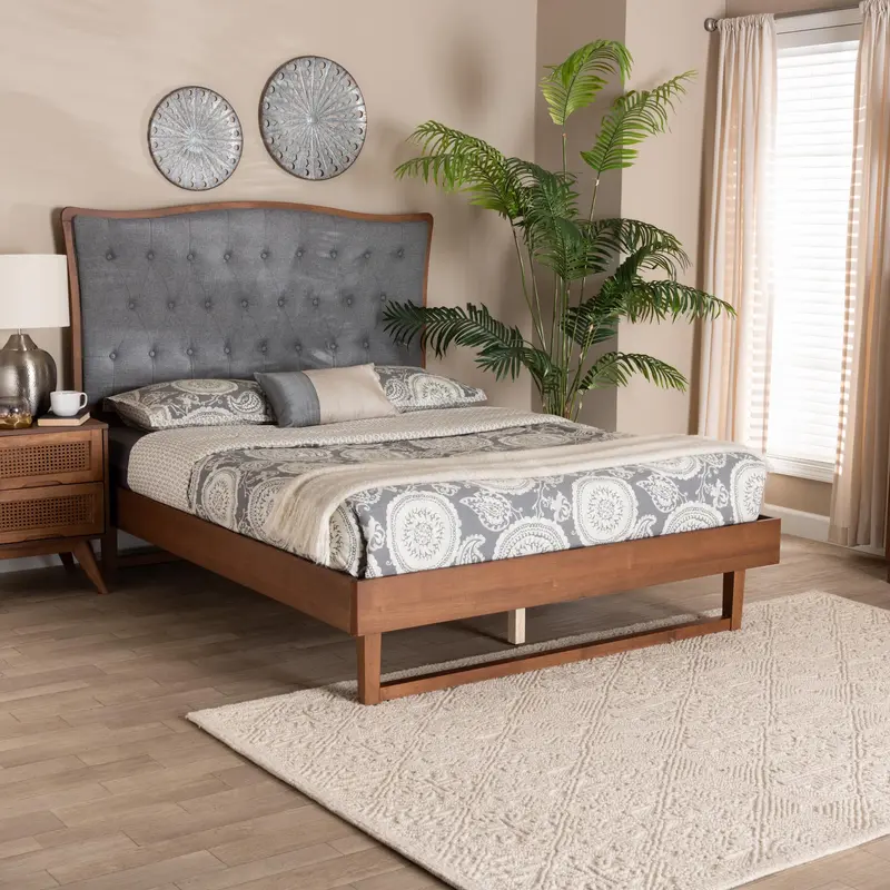 Baxton Studio Sereno Classic and Traditional Grey Fabric and Walnut Brown Finished Wood Queen Size Platform bed