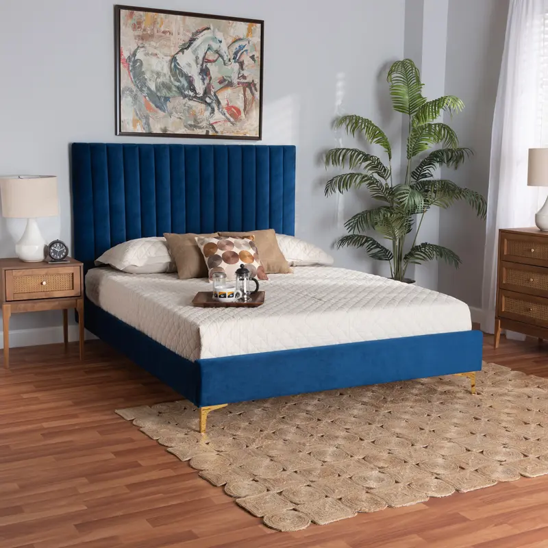 Baxton Studio Serrano Contemporary Glam and Luxe Navy Blue Velvet Fabric Upholstered and Gold Metal King Size Platform Bed