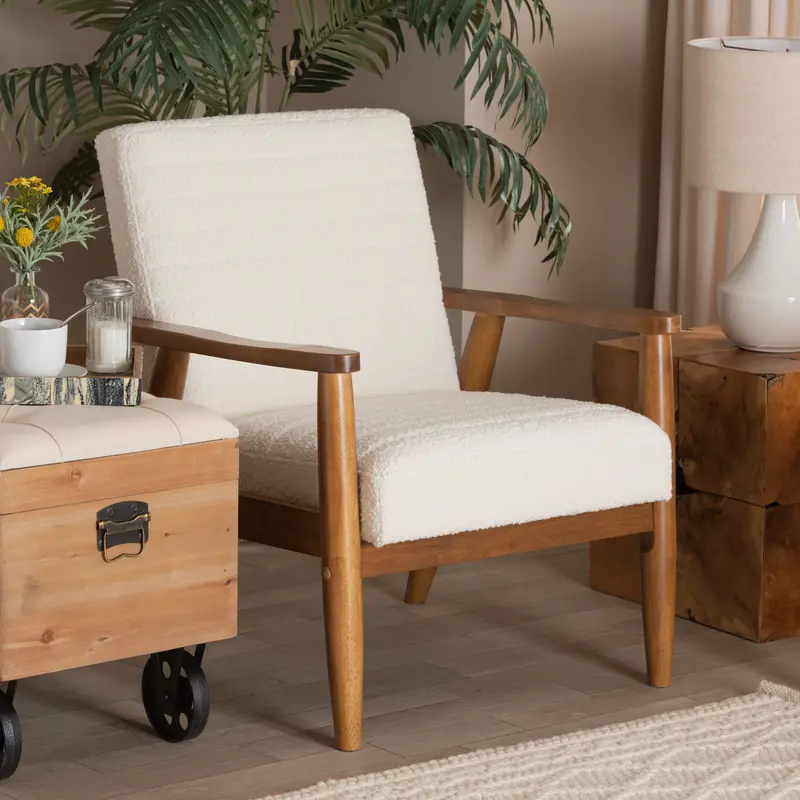 Baxton Studio Stratton Mid-Century Modern Cream Boucle Fabric and Walnut Brown Finished Wood Armchair