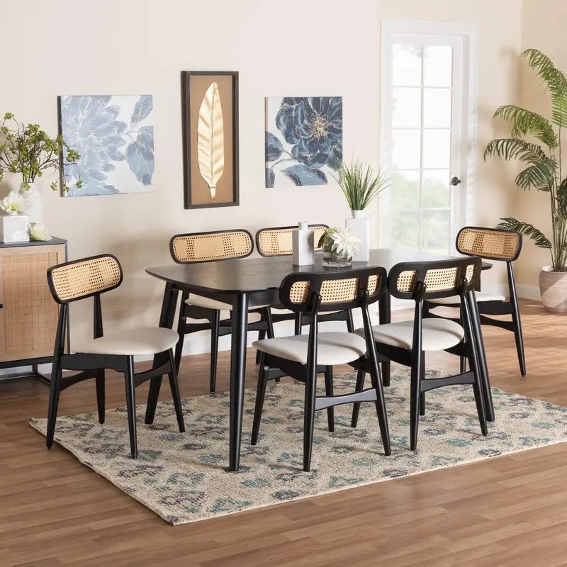 Baxton Studio Tarana Mid-Century Modern Cream Fabric and Black Finished Wood 7-Piece Dining Set
