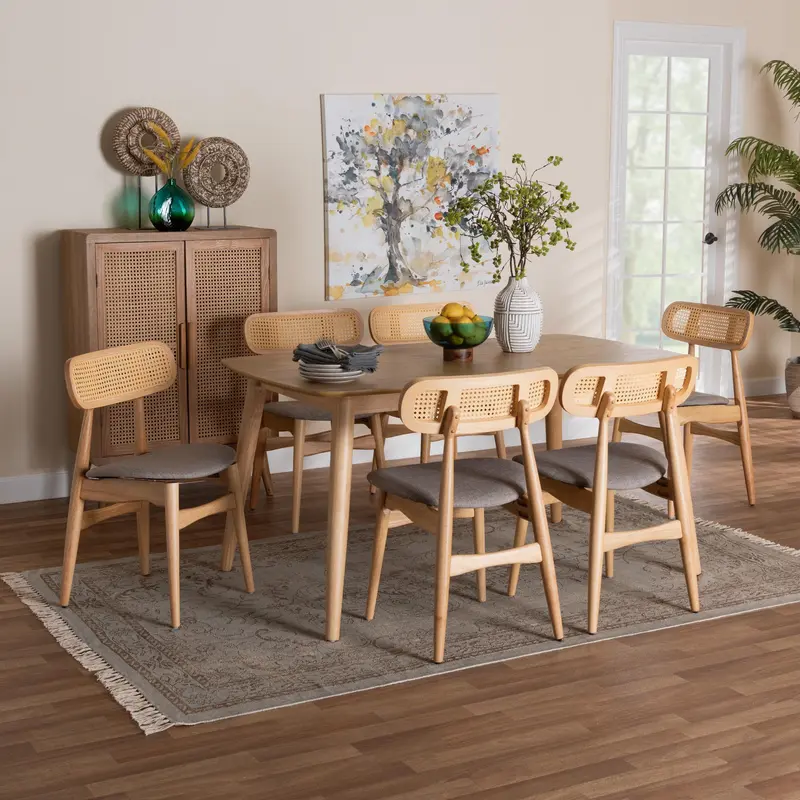 Baxton Studio Tarana Mid-Century Modern Grey Fabric and Natural Oak Finished Wood 7-Piece Dining Set