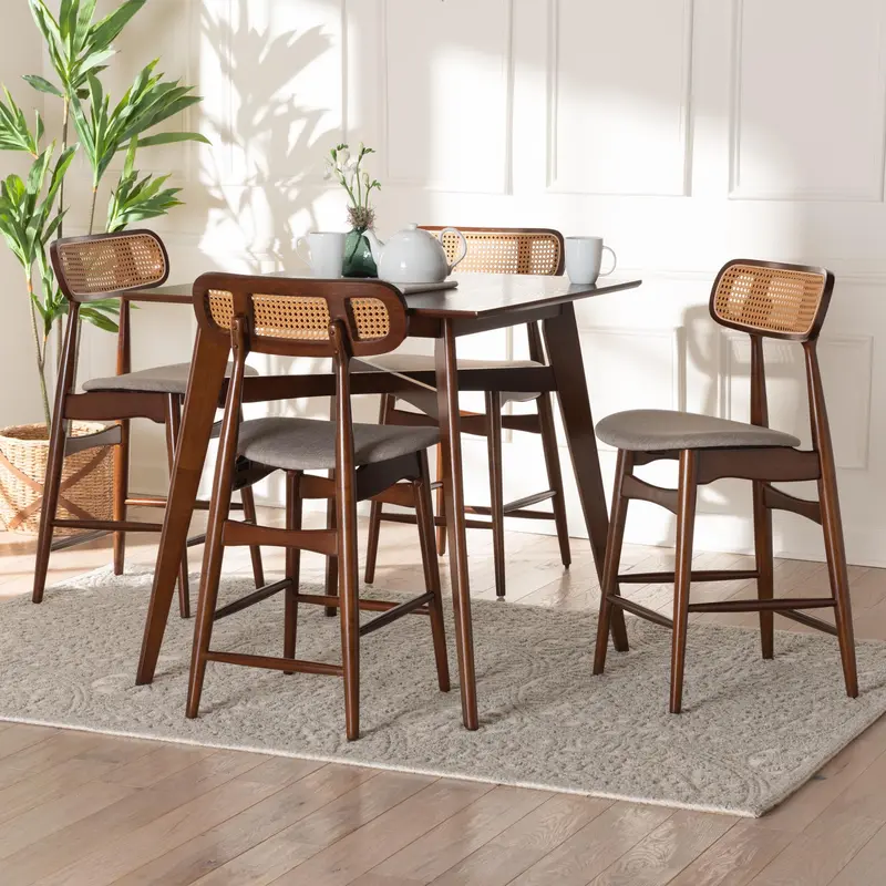 Baxton Studio Tarana Mid-Century Modern Grey Fabric and Walnut Brown Finished Wood 5-Piece Pub Set