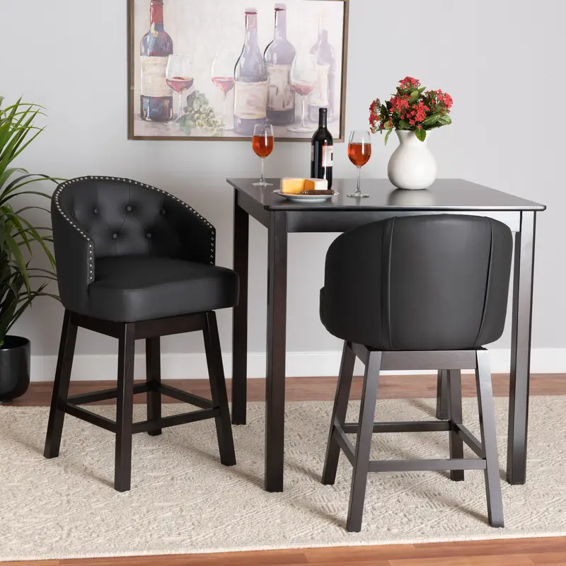 Baxton Studio Theron Mid-Century Transitional Black Faux Leather and Espresso Brown Finished Wood 2-Piece Swivel Counter Stool Set