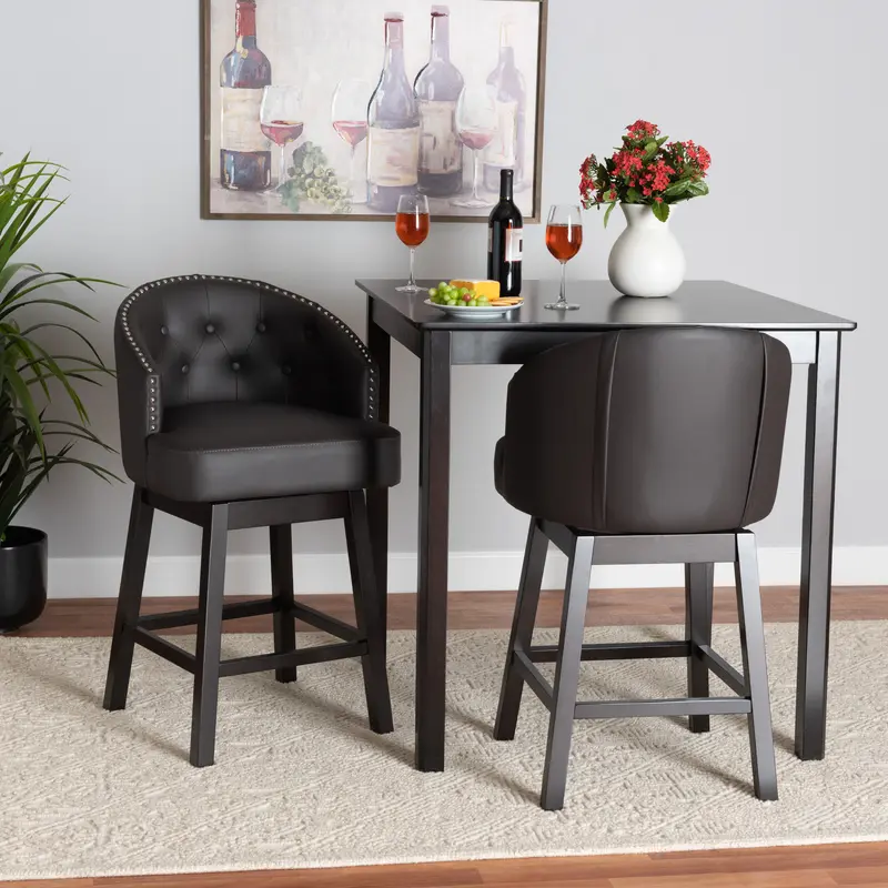 Baxton Studio Theron Mid-Century Transitional Dark Brown Faux Leather and Espresso Brown Finished Wood 2-Piece Swivel Counter Stool Set