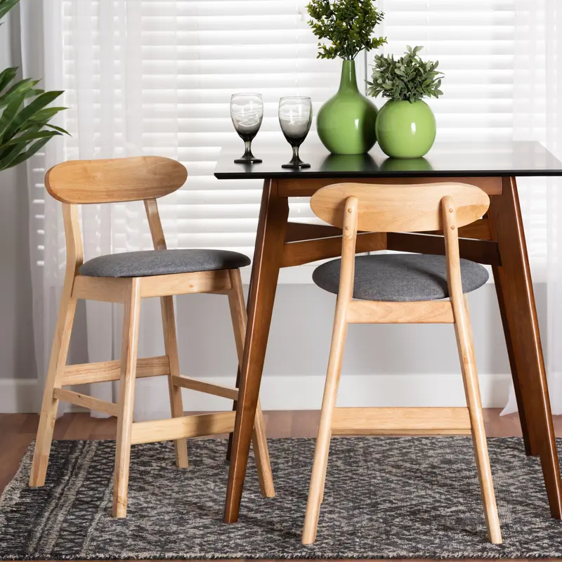 Baxton Studio Ulyana Mid-Century Modern Grey Fabric and Natural Brown Finished Wood 2-Piece Counter Stool Set
