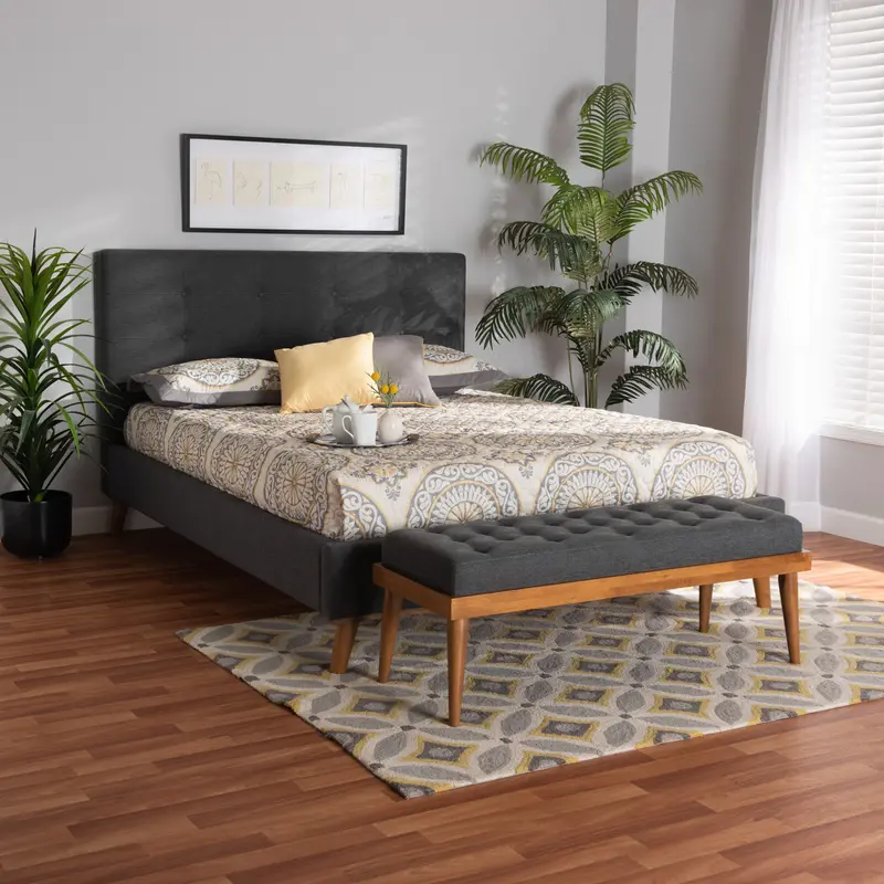 Baxton Studio Valencia Mid-Century Modern Dark Grey Fabric Upholstered King Size 2-Piece Bedroom Set