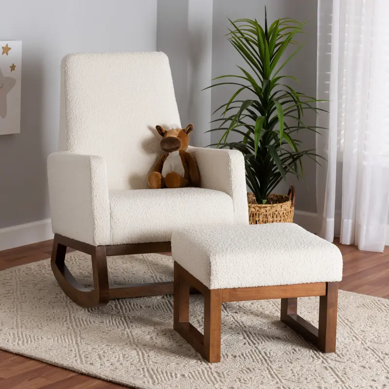 Baxton Studio Yashiya Mid-Century Modern Off-White Boucle Upholstered and Walnut Brown Finished Wood 2-Piece Rocking Chair and Ottoman Set