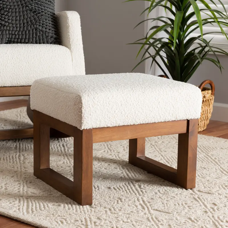 Baxton Studio Yashiya Mid-Century Modern Off-White Boucle Upholstered and Walnut Brown Finished Wood Ottoman Footstool