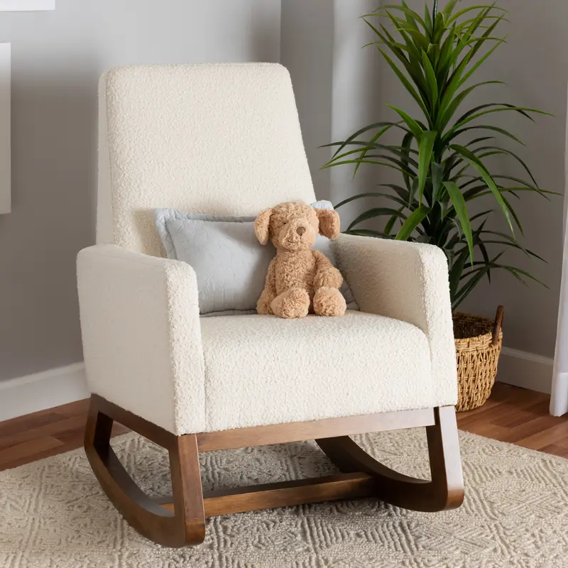 Baxton Studio Yashiya Mid-Century Modern Off-White Boucle Upholstered and Walnut Brown Finished Wood Rocking Chair