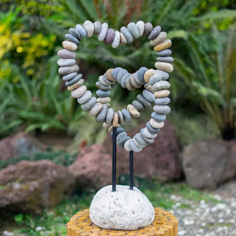 Beach Pebble Double Heart on Stand Set of 2 By Garden Age Supply