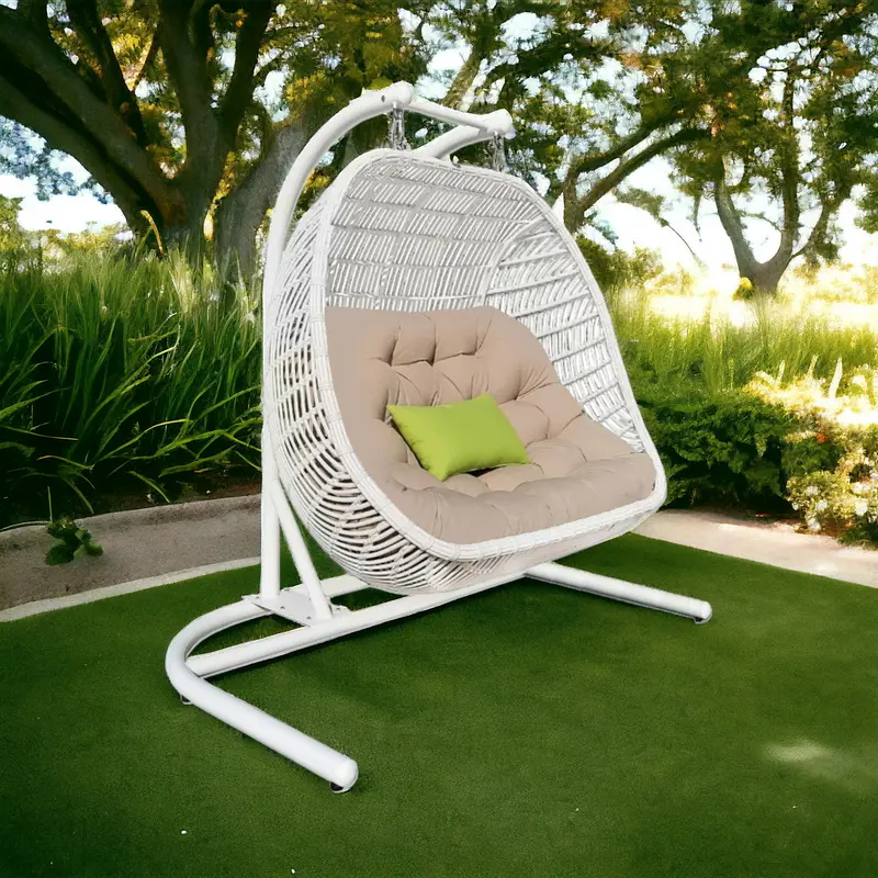 Beige and White Metal Indoor Outdoor Swing Chair with Beige Cushion By Homeroots