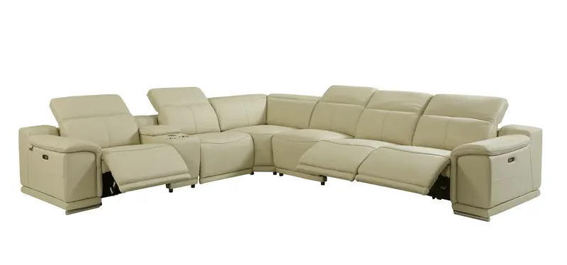 Beige Italian Leather Power Reclining L Shaped Seven Piece Corner Sectional With Console By Homeroots