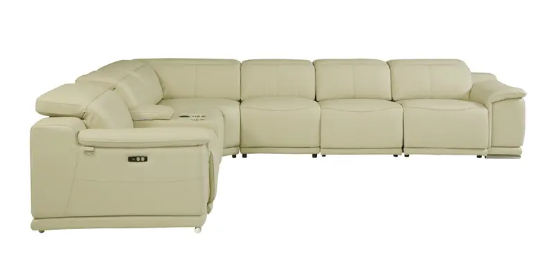Beige Italian Leather Power Reclining U Shaped Seven Piece Corner Sectional With Console By Homeroots