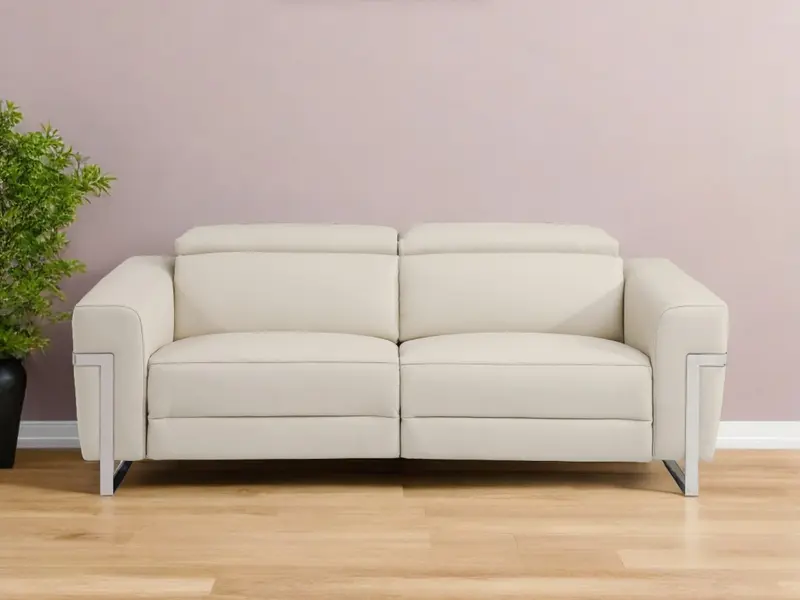 Beige Italian Leather USB Reclining Sofa With Silver Legs By Homeroots