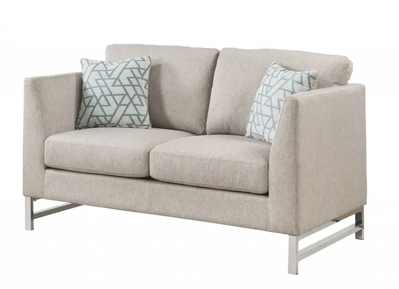 Beige Linen Upholstery Metal Leg Loveseat w Pillows By Homeroots