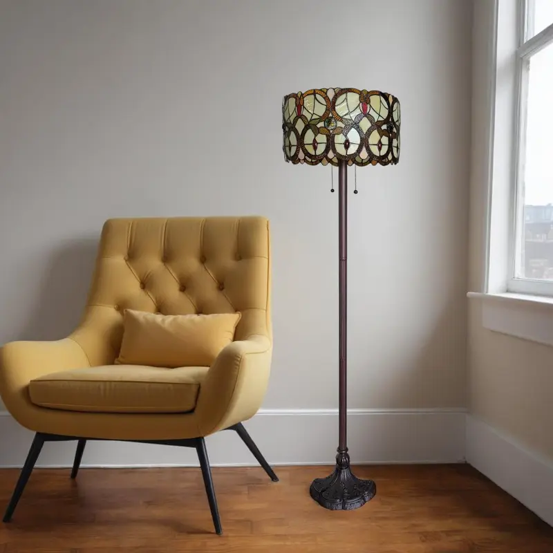 Beige Metal Two Light Torchiere Floor Lamp With Red And White Flowers Glass Drum Shade By Homeroots