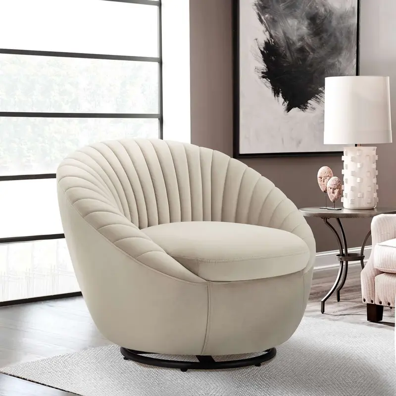 Bella Biege Velvet Swivel Accent Chair with Black Base By Armen Living