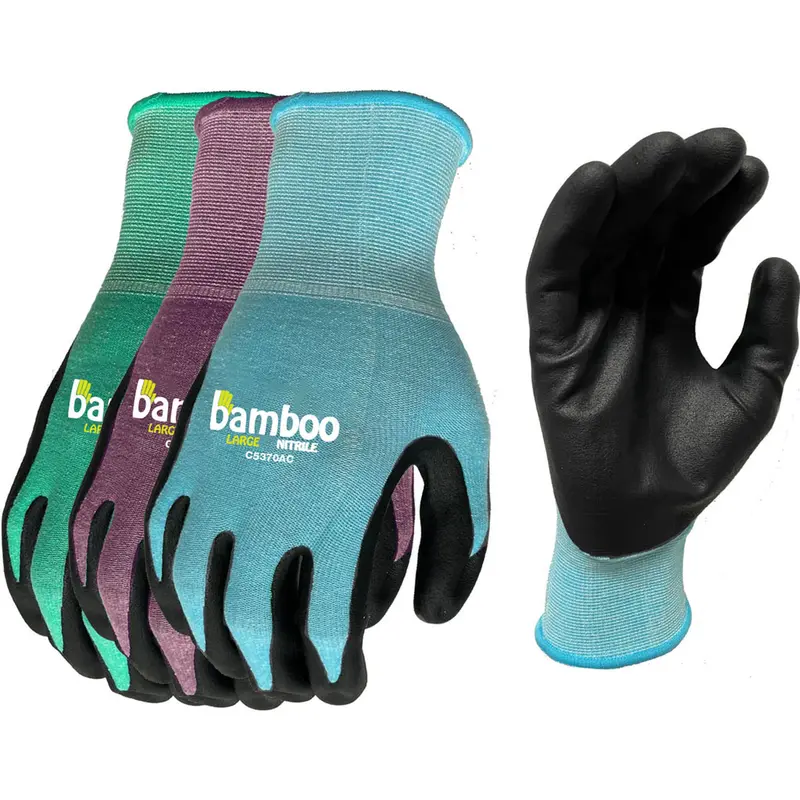 Bellingham Bamboo Gardener Nitrile Palm Gloves, Size LG, Bamboo Rayon Liner, Foam Nitrile Coating, Knit Wrist, Assorted Colors
