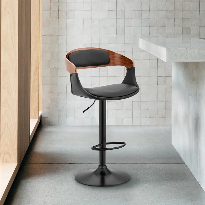 Benson Adjustable Black Faux Leather and Walnut Wood Bar Stool with Black Base By Armen Living