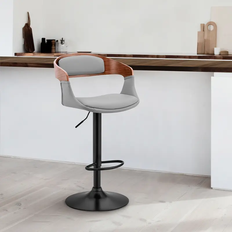 Benson Adjustable Gray Faux Leather and Walnut Wood Bar Stool with Black Base By Armen Living
