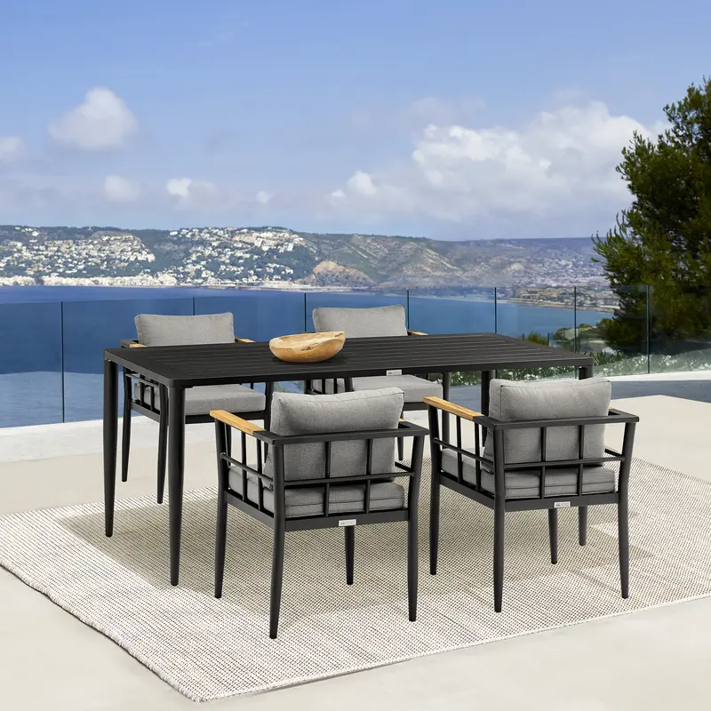 Beowulf Outdoor Patio 5-Piece Dining Table Set in Aluminum and Teak with Grey Cushions By Armen Living