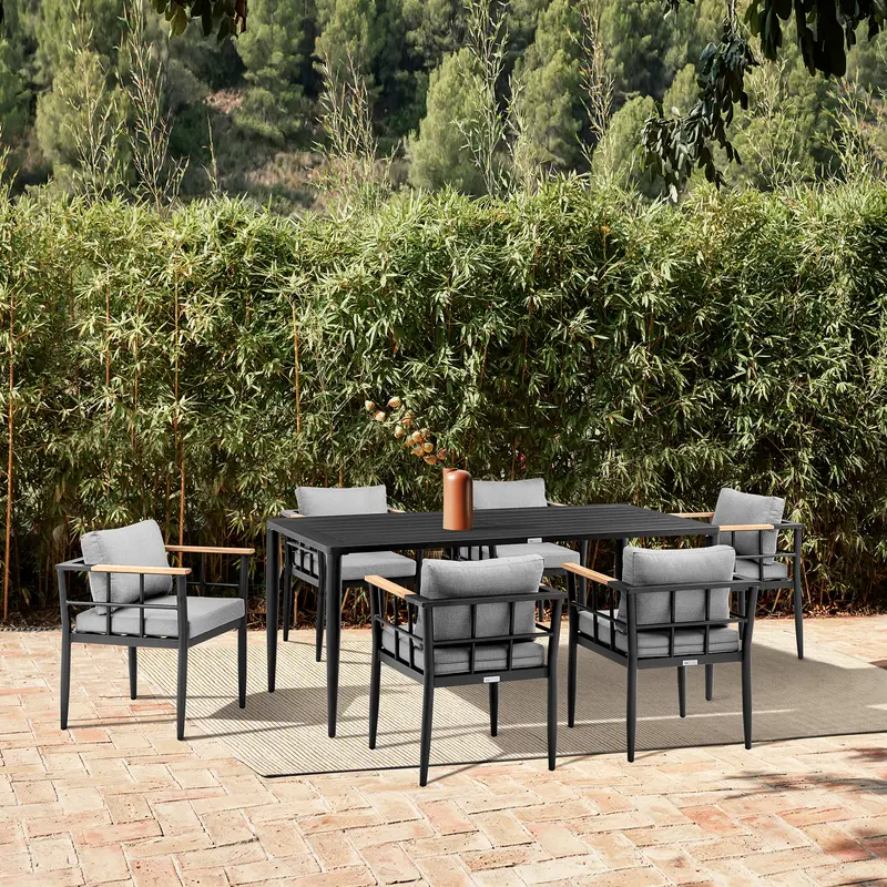 Beowulf Outdoor Patio 7-Piece Dining Table Set in Aluminum and Teak with Grey Cushions By Armen Living