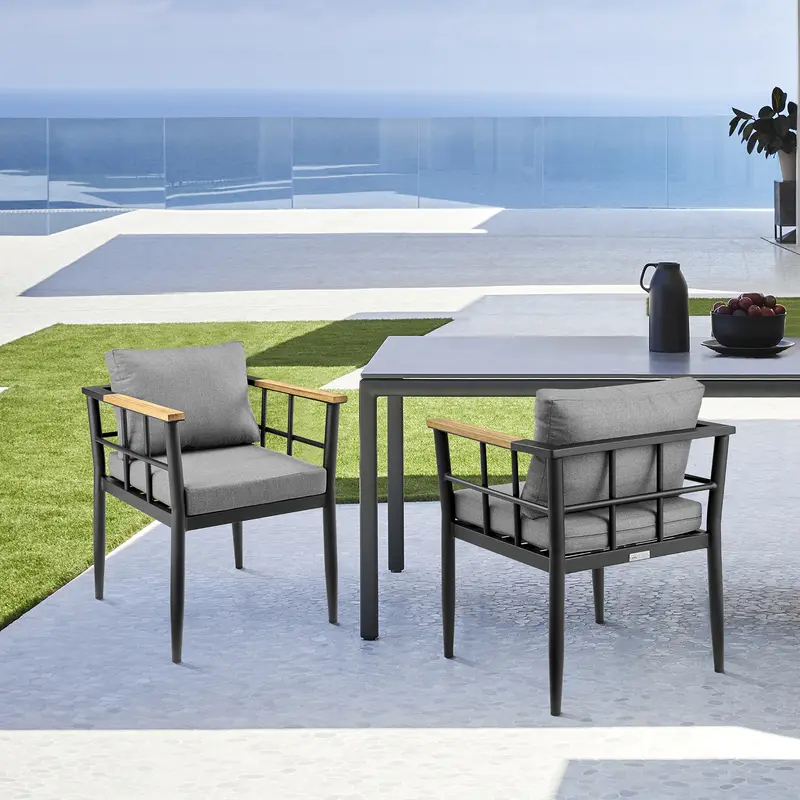 Beowulf Outdoor Patio Dining Chair in Aluminum and Teak with Grey Cushions – Set of 2 By Armen Living