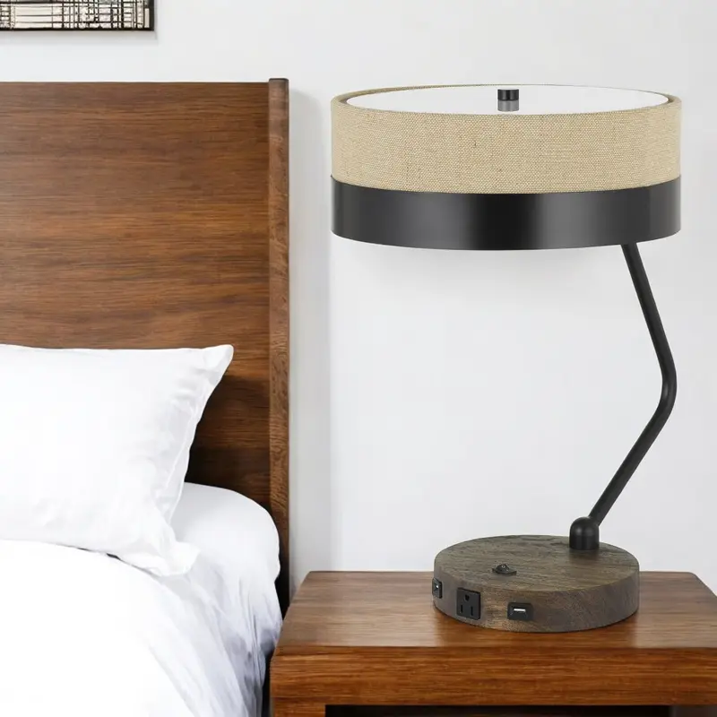 Black And Brown Wood And Metal Two Light USB Table Lamp With Beige And Black Shade By Homeroots