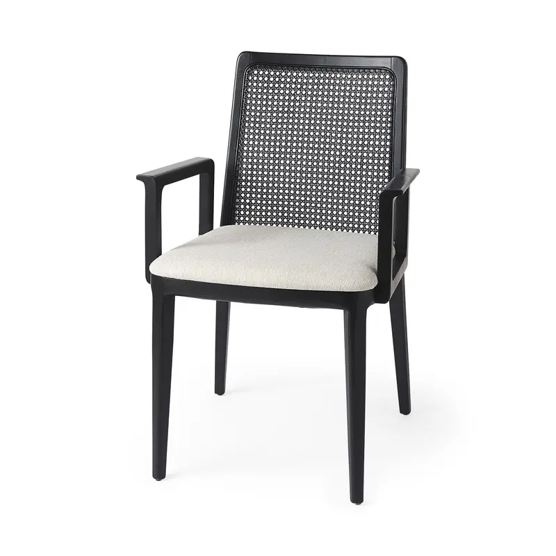 Black And Cream Uholstery And Cane Dining Armchair By Homeroots