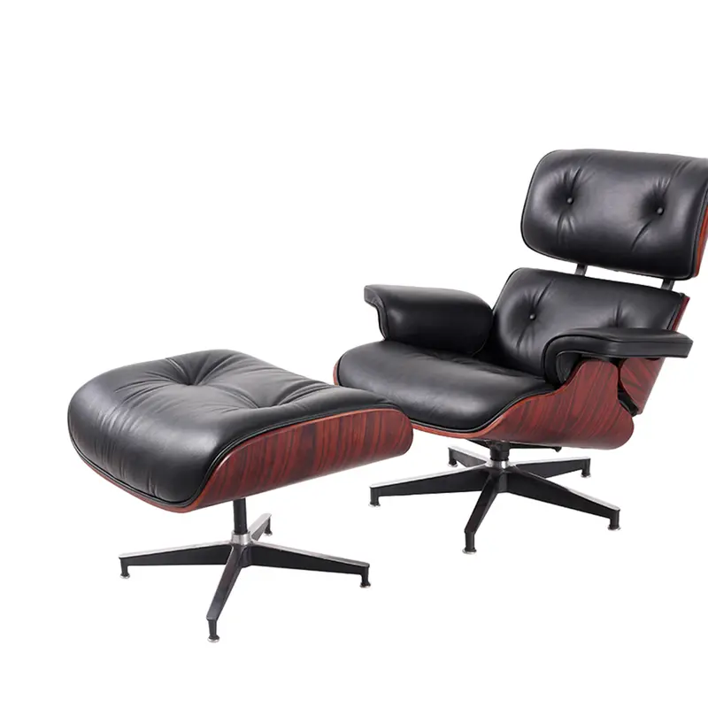 Black and Dark Brown Genuine Leather Tufted Swivel Lounge Chair With Ottoman By Homeroots