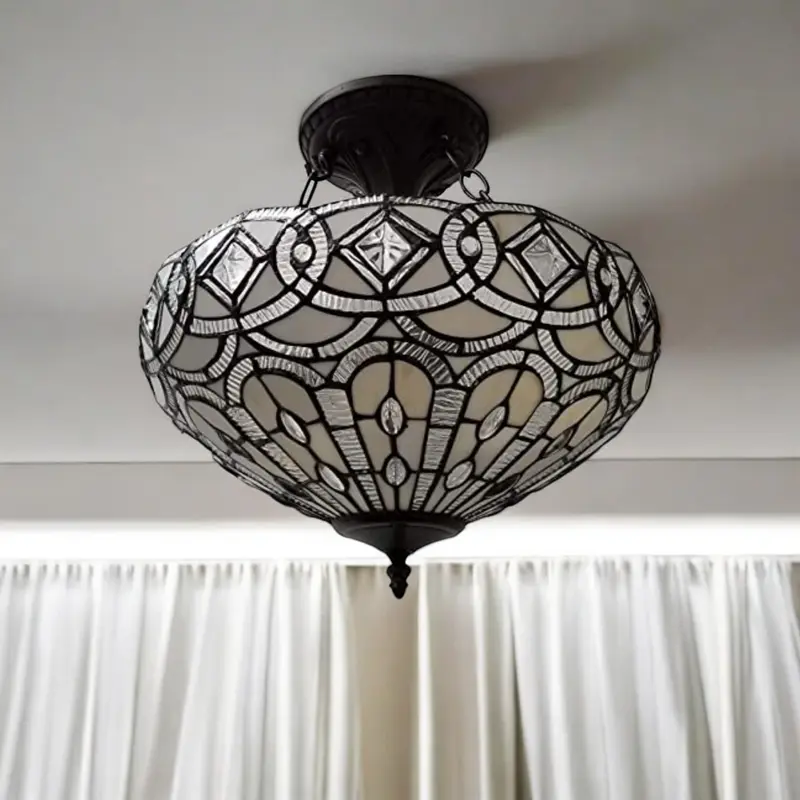 Black and Gray Tiffany Style Two Light Glass Dimmable Semi Flush Ceiling Light By Homeroots