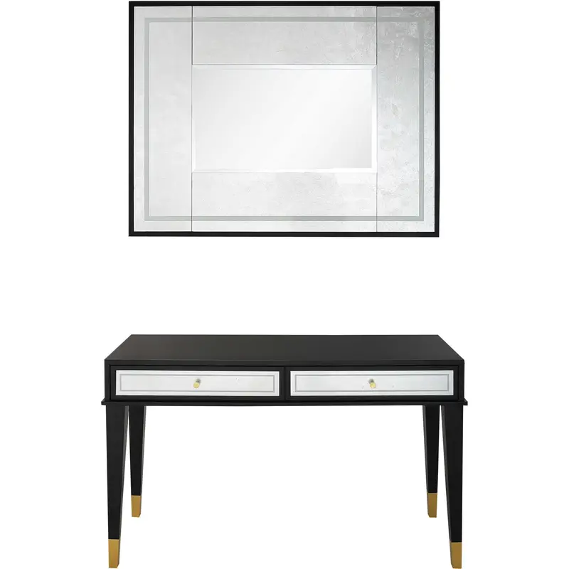 Black And Silver Mirrored Wood And Glass Console Table With Two Drawers By Homeroots