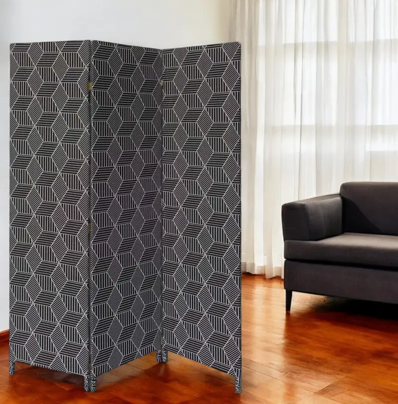 Black and White Fabric Folding Three Panel Screen Room Divider By Homeroots