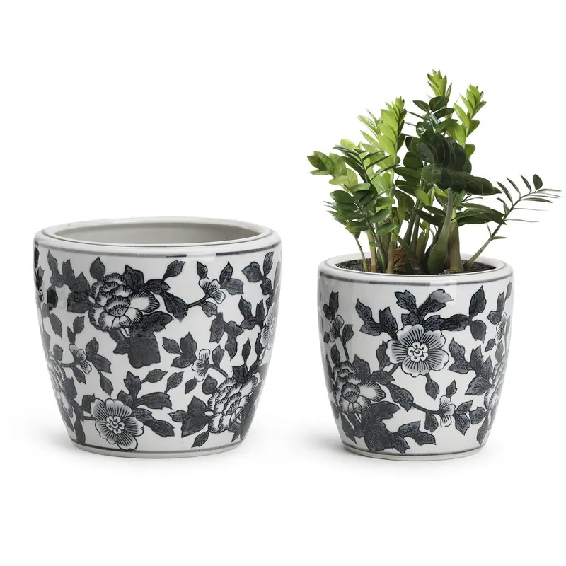 Black and White Set of 4 Hand-Painted Cachepot / Planter / Vase By Two's Company