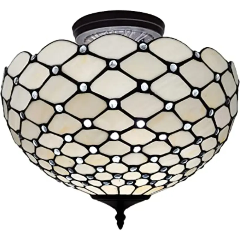 Black and White Tiffany Style Two Light Semi Flush Ceiling Lamp By Homeroots