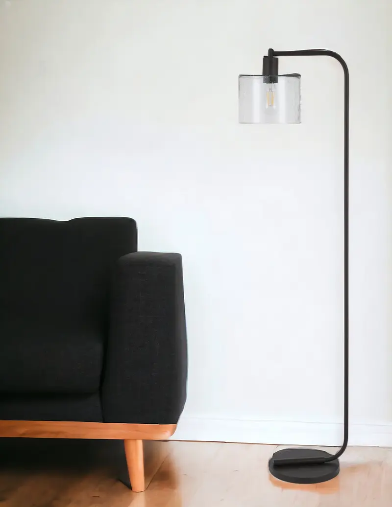 Black Arched Floor Lamp With Clear Seeded Glass Drum Shade By Homeroots