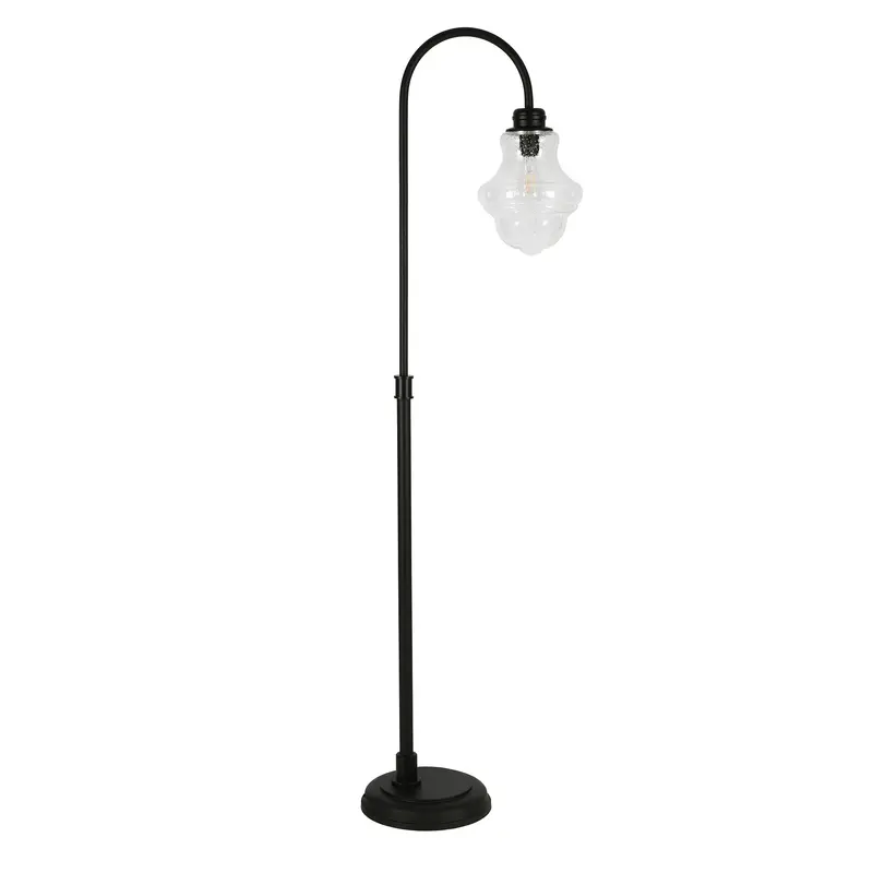 Black Arched Floor Lamp With Clear Seeded Glass Empire Shade By Homeroots