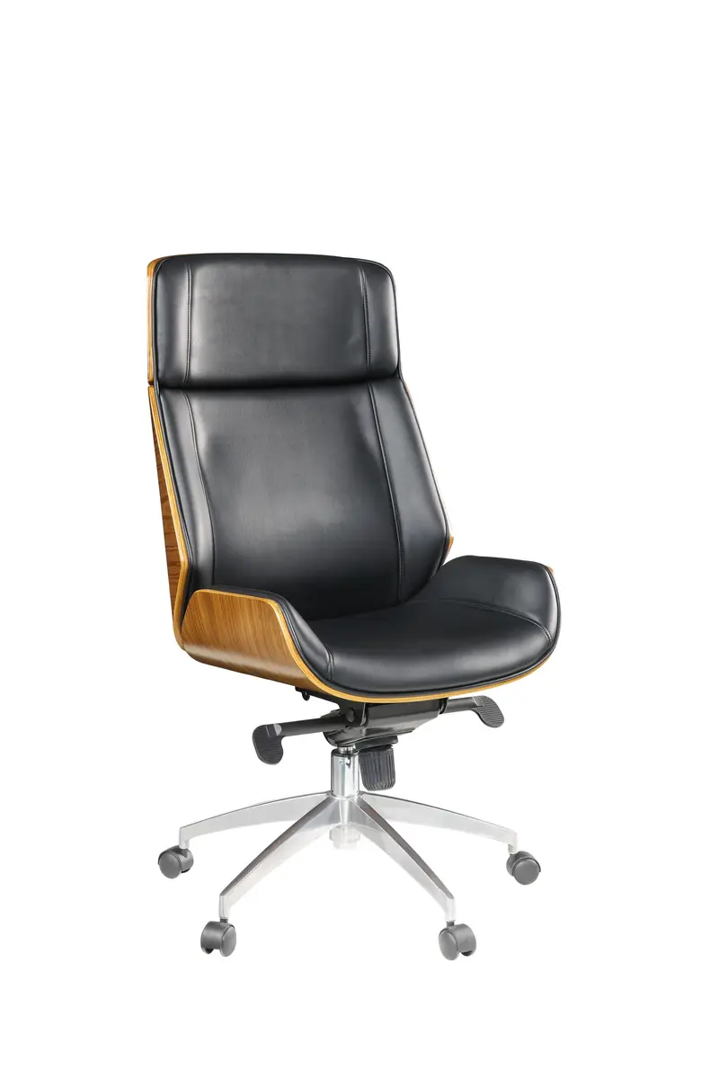 Black Bonded Leather and Bentwood Frame Eecutive Office Chair with Solid Chrome Base and Caster Wheels By Homeroots